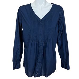 Lands’ End Navy Blue Long Sleeve Hidden Button Pintuck Cotton Top Large 14/16